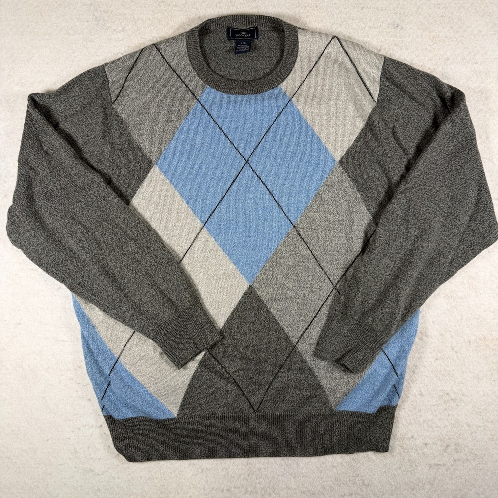 Dockers Mens Argyle Crewneck Sweater‎ Grey Blue Long Sleeve Knit Pullover Large